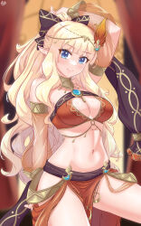 Rule 34 | 1girl, absurdres, arada (corsair zero), arm behind head, arm up, armlet, bare shoulders, belly chain, bikini, blonde hair, blue eyes, blush, bracelet, bracer, breasts, brooch, circlet, cleavage, detached sleeves, elf, fire hair ornament, hair ornament, highres, jewelry, large breasts, long hair, looking at viewer, navel, neck ring, o-ring, official alternate costume, orange bikini, pointy ears, princess connect!, saren (princess connect!), saren (sarasaria) (princess connect!), sarong, sidelocks, smile, solo, swimsuit, thighs, variant set