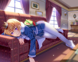 Rule 34 | 10s, 1boy, blonde hair, blue jacket, blurry, blush, boots, cabinet, carpet, couch, crown, curtains, depth of field, drawing (object), earrings, floral print, flower, fur trim, high heel boots, high heels, idolmaster, idolmaster side-m, indoors, jacket, jewelry, kaeru (idolmaster), kairi (strawberry drop), light particles, light rays, long sleeves, looking at viewer, lying, male focus, on couch, on side, pantyhose, pierre (idolmaster), portrait (object), purple eyes, shoes, short hair, smile, solo, stuffed animal, stuffed frog, stuffed toy, sunbeam, sunlight, table, vase, white footwear, white pantyhose, window