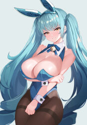 Rule 34 | 1girl, absurdres, animal ears, aqua hair, bare shoulders, bell, blue leotard, blue ribbon, blush, breasts, brown pantyhose, cleavage, clenched teeth, commentary, detached collar, fake animal ears, goddess of victory: nikke, highleg, highleg leotard, highres, huge breasts, jingle bell, leotard, long hair, looking at viewer, neck ribbon, pantyhose, playboy bunny, privaty (nikke), rabbit ears, ribbon, solo, teeth, thighband pantyhose, twintails, wrist cuffs, yellow eyes, yuruto