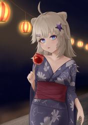 Rule 34 | 1girl, aa-12 (girls&#039; frontline), absurdres, ahoge, alternate costume, bare shoulders, blonde hair, blue eyes, blush, breasts, candy, candy apple, cleavage, closed mouth, codename696, collarbone, commentary, double bun, food, girls&#039; frontline, green nails, hair bun, hair ornament, highres, holding, holding candy, holding food, japanese clothes, kimono, licking lips, long hair, looking at viewer, medium breasts, nail polish, purple kimono, simple background, solo, standing, star (symbol), star hair ornament, tongue, tongue out, upper body, yellow nails, yukata