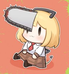 Rule 34 | 1girl, :3, blonde hair, blood, blush, bob cut, brown footwear, chainsaw, chainsaw man, chibi, collared shirt, commentary, english commentary, fusion, hand on lap, handle, highres, hololive, hololive english, light blush, long sleeves, looking up, moon ldl, necktie, plaid, plaid skirt, pochita (chainsaw man), pull cord, red background, red necktie, shirt, short hair, short necktie, sitting, skirt, smol ame, solo, virtual youtuber, watson amelia, white shirt