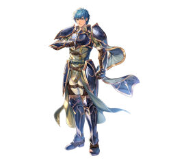 Rule 34 | 1boy, arm up, armor, blue eyes, blue hair, breastplate, fire emblem, fire emblem: radiant dawn, fire emblem heroes, geoffrey (fire emblem), leg armor, looking at viewer, male focus, nintendo, official art, solo, white background