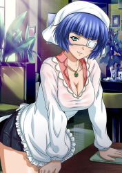 Rule 34 | 00s, 1girl, black skirt, blue hair, breasts, cleavage, collarbone, eyebrows, eyepatch, green eyes, ikkitousen, indoors, jewelry, large breasts, leaning forward, long hair, looking at viewer, medical eyepatch, mole, mole under mouth, necklace, pleated skirt, ryomou shimei, short hair, skirt, smile, solo