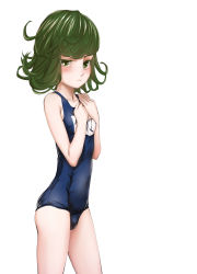 Rule 34 | 1girl, ass, bad id, bad pixiv id, blush, flat ass, flat chest, frown, green eyes, green hair, hakui (b600723), hands on own chest, highres, matching hair/eyes, navel, one-piece swimsuit, one-punch man, raised eyebrow, school swimsuit, short hair, skinny, solo, swimsuit, tatsumaki, text focus, translated