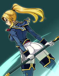Rule 34 | 1girl, ass, blonde hair, from behind, glasses, gloves, military, military uniform, nek, polearm, ponytail, solo, spear, tales of (series), tales of graces, thighhighs, uniform, victoria (tales), victoria (tales of graces), weapon