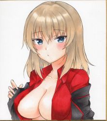 Rule 34 | 1girl, airi (akamichiaika), blonde hair, blue eyes, blush, breasts, cleavage, collarbone, girls und panzer, highres, itsumi erika, kuromorimine military uniform, large breasts, looking at viewer, military, military uniform, open mouth, shiny skin, short hair, simple background, solo, uniform, upper body, white background