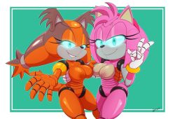 Rule 34 | 2girls, amy rose, animal ears, blue eyes, breasts, furry, green background, joints, multiple girls, nude, robot joints, sega, sonic (series), sonic (series), sticks the badger, v