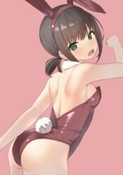 Rule 34 | 1girl, animal ears, ass, bare legs, black hair, breasts, detached collar, fake animal ears, fubuki (kancolle), green eyes, kantai collection, leotard, looking at viewer, low ponytail, medium hair, pink background, playboy bunny, ponytail, rabbit ears, rabbit tail, red leotard, sakieko, short ponytail, sidelocks, small breasts, solo, standing, strapless, strapless leotard, tail