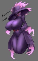 Rule 34 | 1girl, absurdres, breasts, creatures (company), fang, floating, game freak, gen 4 pokemon, ghost, ghost girl, gipehtyboo, grey background, hat, highres, large breasts, mismagius, nintendo, open mouth, personification, pokemon, red eyes, simple background, smug, solo, witch hat