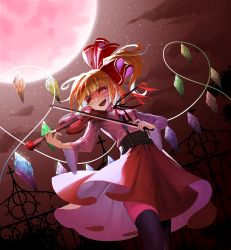 Rule 34 | 1girl, alternate costume, black thighhighs, blonde hair, breasts, cloud, corset, crystal, dutch angle, flandre scarlet, full moon, hair ribbon, highres, instrument, long hair, long sleeves, looking afar, medium breasts, moon, music, night, night sky, open mouth, playing instrument, recare, red eyes, red skirt, ribbon, side ponytail, skirt, sky, smile, solo, standing, star (sky), starry sky, thighhighs, touhou, violin, wide sleeves, wings