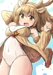 Rule 34 | 10s, alternate costume, animal costume, antlers, bell, breasts, brown eyes, cameltoe, covered navel, fur trim, hairband, highres, horns, i-26 (kancolle), kantai collection, large breasts, light brown hair, long hair, one-piece swimsuit, reindeer antlers, reindeer costume, school swimsuit, solo, swimsuit, two side up, wamu (chartreuse), white one-piece swimsuit, white school swimsuit