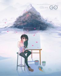 Rule 34 | 1girl, absurdres, black hair, black pantyhose, breasts, canvas (object), highres, holding, holding paintbrush, large breasts, long hair, looking at viewer, mountain, original, outdoors, paint, paint can, paintbrush, pantyhose, red eyes, scenery, shirt, sitting, soar, solo, white shirt