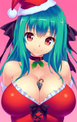 Rule 34 | 1boy, 1girl, bare shoulders, between breasts, bow, breasts, choker, christmas, cleavage, collarbone, formal, frills, fur trim, giant, giantess, green hair, hair bow, hair ribbon, hat, large breasts, long hair, mini person, miniboy, necktie, original, person between breasts, pink background, red eyes, ribbon, santa hat, simple background, size difference, smile, suit, teston