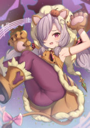 Rule 34 | 1girl, animal ears, animal hands, armpits, arms up, ass, blush, boots, bow, brown footwear, brown gloves, claws, commentary request, dress, fang, gloves, granblue fantasy, hair ornament, hair over one eye, hair ribbon, halloween, harvin, highres, jack-o&#039;-lantern, jack-o&#039;-lantern hair ornament, lion ears, lion tail, long hair, looking at viewer, low twintails, md5 mismatch, niyon (granblue fantasy), niyon (lejonskrik) (granblue fantasy), open mouth, panties, panties under pantyhose, pantyhose, pantylines, paw gloves, pink bow, pointy ears, purple eyes, purple hair, purple pantyhose, purple ribbon, resolution mismatch, revision, ribbon, sleeveless, sleeveless dress, solo, source larger, striped ribbon, tail, tail bow, tail ornament, thighs, twintails, underwear, uneg