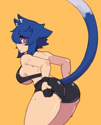 Rule 34 | 1girl, absurdres, animal ear fluff, animal ears, arched back, ass, black bra, black gloves, black shorts, black sports bra, blue hair, blush, bra, breasts, cat ears, cat girl, cat tail, cowboy shot, doce, female focus, freckles, from behind, gloves, highres, large breasts, looking at viewer, looking back, original, parted lips, pink eyes, short hair, short shorts, shorts, sideboob, simple background, solo, sports bra, sweat, tail, thighs, underboob, underwear, xiao (docecaedrus), yellow background