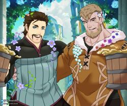 Rule 34 | 2boys, alcohol, alois rangeld, arts of hasarath, bara, beer, blonde hair, blue eyes, brown hair, couple, cowboy shot, facial hair, fire emblem, fire emblem: three houses, flower, forest, hair flower, hair ornament, happy, highres, jeralt reus eisner, large pectorals, long sleeves, looking at viewer, male focus, mature male, multiple boys, muscular, muscular male, mustache, nature, nintendo, pectorals, short hair, side-by-side, smile, thick eyebrows, valentine, yaoi