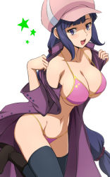Rule 34 | 10s, 1girl, bikini, black thighhighs, blush, boots, breasts, cleavage, coat, freckles, gundam, gundam build fighters, hat, large breasts, long hair, looking at viewer, mihoshi (gundam bf), navel, open clothes, open mouth, overcoat, purple bikini, purple eyes, purple hair, samidaredou, smile, solo, strap gap, swimsuit, thighhighs, very long hair
