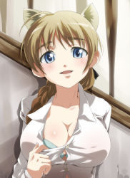 Rule 34 | 00s, 1girl, alternate breast size, animal ears, blue eyes, blush, bra, braid, breasts, brown hair, bursting breasts, cleavage, collarbone, hachisuzume shijimi, huge breasts, lingerie, long hair, looking at viewer, lynette bishop, resized, shirt, single braid, solo, strike witches, underwear, white shirt, world witches series
