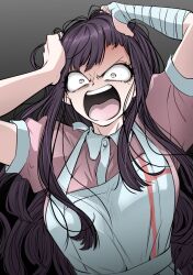 Rule 34 | 1girl, angry, apron, arms up, bandaged arm, bandages, black hair, breasts, collared shirt, d:, danganronpa (series), danganronpa 2: goodbye despair, gradient background, grey apron, grey shirt, hands in hair, hands in own hair, highres, large breasts, long hair, mole, mole under eye, open mouth, pink shirt, puffy short sleeves, puffy sleeves, shachoo (poco poco), shirt, short sleeves, solo, teeth, tongue, tsumiki mikan, two-tone shirt, upper body, upper teeth only