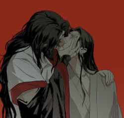Rule 34 | 2boys, alternate universe, black hair, black robe, blood, blood from mouth, chinese clothes, closed eyes, face grab, facial mark, forehead mark, hand on another&#039;s face, hand on another&#039;s shoulder, highres, kiss, korean commentary, layered sleeves, light smile, long hair, luo binghe, male focus, multiple boys, muted color, qwert021600, red background, renzha fanpai zijiu xitong, robe, scared, shen qingqiu, simple background, translated, upper body, wavy hair, white robe, yaoi
