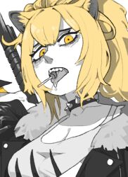 Rule 34 | 1girl, animal ears, arknights, bbizim03, blonde hair, breasts, candy, choker, cleavage, food, fur-trimmed jacket, fur trim, hair between eyes, jacket, limited palette, lion ears, lion girl, lollipop, looking at viewer, medium breasts, open clothes, open jacket, open mouth, ponytail, saliva, siege (arknights), simple background, solo, spiked choker, spikes, tank top, teeth, tongue, upper body, yellow eyes