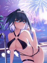 Rule 34 | 1girl, absurdres, bikini, black bikini, blue eyes, blue hair, breasts, cleavage, closed mouth, fireworks, hair intakes, hairband, hand up, highres, hololive, hololive english, jiang ye kiri, large breasts, leaning forward, looking at viewer, navel, o-ring, o-ring bikini, ouro kronii, pool, pool ladder, sky, solo, stomach, swimsuit, thigh gap, thigh strap, virtual youtuber, wet, white hairband