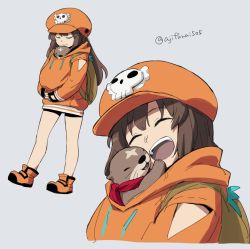 Rule 34 | 1girl, 1other, ^ ^, animal, animal hug, animal in clothes, anklet, asaya minoru, bike shorts, brown hair, close-up, closed eyes, grey background, guilty gear, guilty gear strive, happy, jewelry, may (guilty gear), multiple views, otter, simple background, teeth, upper teeth only