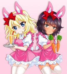 Rule 34 | alternate costume, andou (girls und panzer), animal ears, black eyes, black hair, blonde hair, blue eyes, bow, brown eyes, carrot, carrot juice, closed mouth, commentary request, cup, dark-skinned female, dark skin, dress, drinking glass, drinking straw, easter, fake animal ears, fake tail, food, frilled dress, frills, girls und panzer, hair bow, holding, holding food, holding tray, holding vegetable, juice, kuromori yako, leg up, looking at viewer, medium hair, messy hair, oshida (girls und panzer), pink background, pink dress, puffy short sleeves, puffy sleeves, rabbit ears, rabbit tail, red bow, shadow, short dress, short sleeves, side-by-side, smile, standing, standing on one leg, tail, tray, vegetable