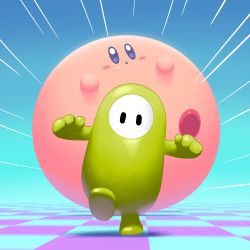 Rule 34 | 5health, ball, blue background, blush, colored skin, fall guy, fall guys, floor, food, food on face, green skin, highres, kirby, kirby&#039;s dream buffet, kirby (series), leg up, looking at viewer, nintendo, no mouth, no pants, no shirt, open mouth, outstretched arms, running, simple background, spread arms, trait connection
