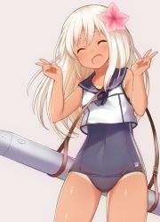 Rule 34 | 10s, 1girl, :d, ^ ^, ammunition, bare shoulders, black ribbon, blonde hair, blush, buckle, closed eyes, collarbone, contrapposto, covered navel, cowboy shot, double v, flower, hair flower, hair ornament, hand gesture, hands up, head tilt, kantai collection, long hair, neckerchief, one-piece swimsuit, open mouth, over shoulder, ribbon, ro-500 (kancolle), school swimsuit, school uniform, serafuku, shiny skin, shirt, skin tight, sleeveless, sleeveless shirt, smile, solo, standing, swimsuit, swimsuit under clothes, tan, tanline, tobi-mura, torpedo, v, white shirt