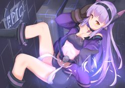 Rule 34 | 1girl, artist request, belt, black choker, black footwear, black gloves, black hairband, black shorts, breasts, challenger dominiel (epic seven), choker, cleavage, copyright name, epic seven, finger gun, gloves, hairband, hand up, highres, indoors, jacket, leg up, long hair, looking at viewer, navel, purple jacket, shorts, sidelocks, small breasts, smile, solo, sports bra, very long hair, yellow eyes