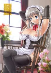 Rule 34 | 1girl, absurdres, adjusting hair, akino hamo, apron, armpits, arms up, black gloves, black thighhighs, blue eyes, blurry, blush, bow, bowtie, breasts, chair, cleavage, corset, crossed legs, depth of field, elbow gloves, flower, gloves, grey hair, highres, lace, lace-trimmed legwear, lace trim, large breasts, legs, long hair, maid, maid apron, maid headdress, mouth hold, nipple slip, nipples, no panties, original, ribbon, ribbon in mouth, sitting, solo, thighhighs, thighs, vase, waist apron, window