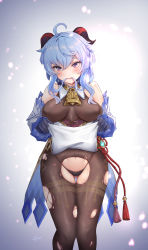 Rule 34 | 1girl, 4zz, absurdres, ahoge, bare shoulders, bell, black panties, black pantyhose, blue gloves, blue hair, blush, breasts, closed mouth, clothes lift, cowbell, detached sleeves, dress, dress lift, ganyu (genshin impact), genshin impact, gloves, gluteal fold, goat horns, gradient background, hair between eyes, hair in own mouth, highres, horns, large breasts, long hair, looking at viewer, navel, panties, pantyhose, purple eyes, signature, simple background, smile, solo, standing, thigh gap, thighs, torn clothes, torn pantyhose, underwear, white dress