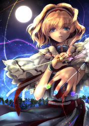 Rule 34 | 1girl, alice margatroid, bad id, bad pixiv id, blonde hair, blue eyes, capelet, full moon, hairband, looking at viewer, moon, night, oka (umanihiki), outdoors, parted lips, ribbon, sash, solo, string, string of fate, touhou, tree