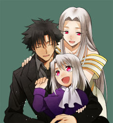 Rule 34 | 1boy, 2girls, :d, age difference, bad id, bad pixiv id, black hair, dress, emiya kiritsugu, facial hair, family, fate/stay night, fate/zero, fate (series), father and daughter, green background, illyasviel von einzbern, irisviel von einzbern, irisviel von einzbern (angel&#039;s song), kazu sanbon, long hair, mother and daughter, multiple girls, open mouth, red eyes, smile, stubble, white hair