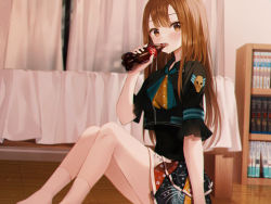 Rule 34 | 1girl, ascot, bed, black shirt, black vest, blue ascot, blush, bookshelf, bottle, brown eyes, brown hair, covered navel, crop top, crop top overhang, curtains, drinking, futon, haneiro, highres, holding, holding bottle, huge filesize, idol, indoors, long hair, looking at viewer, neckwear request, no shoes, official art, original, shirt, short sleeves, sidelocks, skirt, socks, soda bottle, solo, stomach, vest, white socks, window, yellow ascot