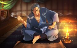 Rule 34 | 1boy, bercouli (sao), blue hair, blue kimono, collarbone, full body, hand on lap, indian style, indoors, japanese clothes, kimono, leaning forward, male focus, parted lips, short hair, sitting, smoke, smoking, solo, sword art online, wooden floor