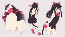Rule 34 | 1girl, animal ears, ass, bare shoulders, black hair, black leotard, blush, boots, bow, bowtie, cat ears, cat tail, check copyright, commentary request, copyright request, expressionless, fake animal ears, flat chest, frilled leotard, frills, from below, full body, fur-trimmed footwear, fur-trimmed gloves, fur collar, fur trim, gloves, grey background, highres, leotard, long hair, looking at viewer, multiple views, mya-zawa, original, red eyes, simple background, sweatdrop, tail