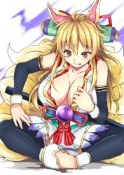 Rule 34 | 1girl, :p, animal ears, bare shoulders, blonde hair, breasts, cleavage, detached sleeves, fox ears, fox tail, haruyuki (yukichasoba), highres, indian style, izuna (shinrabanshou), large breasts, long hair, multiple tails, pantyhose, red eyes, shinrabanshou, sitting, solo, tail, tongue, tongue out