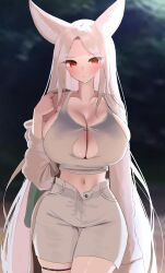 Rule 34 | 1girl, absurdres, animal ears, blush, breasts, collarbone, frown, grey jacket, grey shorts, hand on own shoulder, head tilt, highres, huge breasts, jacket, long hair, looking at viewer, midriff, navel, nicorima, off shoulder, open clothes, open shorts, original, red eyes, shorts, skindentation, solo, thigh strap, very long hair, white background, wide hips