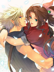 Rule 34 | 1990s (style), 1boy, 1girl, :d, aerith gainsborough, artist request, blonde hair, blue eyes, brown hair, cloud strife, couple, dress, earrings, eni (yoyogieni), falling petals, final fantasy, final fantasy vii, final fantasy vii advent children, gloves, green eyes, hetero, hug, jacket, jewelry, long hair, looking at viewer, materia, open mouth, petals, pink dress, ponytail, puffy sleeves, red jacket, retro artstyle, sleeveless, sleeveless turtleneck, smile, turtleneck