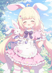 Rule 34 | 1girl, :d, animal ears, blonde hair, closed eyes, commission, cowboy shot, dress, highres, low twintails, open mouth, original, outdoors, pink dress, rabbit ears, rabbit girl, red eyes, skeb commission, smile, striped clothes, striped thighhighs, stuffed animal, stuffed toy, thighhighs, twintails, tyakomes