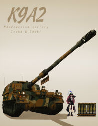 Rule 34 | 2girls, absurdres, arm behind head, black coat, black skirt, blue archive, brown background, caterpillar tracks, character name, coat, collarbone, collared shirt, commentary request, driving, english text, full body, hair between eyes, halo, hand on own hip, helmet, highres, howitzer, ibuki (blue archive), iroha (blue archive), k9 thunder, light brown hair, long hair, long sleeves, looking at viewer, mikanjam, military, military vehicle, motor vehicle, multiple girls, necktie, open clothes, open coat, pencil skirt, red hair, red necktie, republic of korea army, school uniform, shell, shirt, sidelocks, simple background, skirt, smile, standing, tactical clothes, tank, tank helmet, translation request, wavy hair, yellow eyes