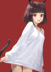 Rule 34 | 1girl, animal ears, blunt bangs, bob cut, bra strap, breasts, brown hair, cat ears, cat tail, cleavage, clothes tug, commentary request, cowboy shot, dress, fang, highres, kmnz, long sleeves, mc liz, modare, nail polish, no pants, open mouth, purple eyes, red background, short hair, simple background, sleeves past wrists, small breasts, solo, sweater, sweater dress, sweater tug, tail, virtual youtuber