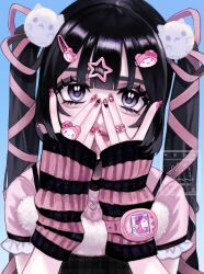 Rule 34 | 1girl, animal hair ornament, arm warmers, bandaid, bandaid on hand, black hair, commentary, fur-trimmed shirt, fur trim, hair ornament, hair ribbon, hairclip, hands on own face, hands up, highres, jewelry, layered clothes, long hair, looking at viewer, min (mts2314), nail art, nail polish, necklace, original, purple eyes, ribbon, ring, shirt, short sleeves, solo, star (symbol), star hair ornament, straight-on, striped arm warmers, symbol-only commentary, tamagotchi, twintails, upper body, watch, wristwatch