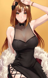 Rule 34 | 1girl, absurdres, arm up, bare shoulders, black bow, black bowtie, black dress, blush, bow, bowtie, breasts, brown eyes, brown hair, cleavage, clothing cutout, commentary, cross-laced clothes, cross-laced cutout, dress, eyes visible through hair, fur trim, hair between eyes, highres, large breasts, long hair, looking at viewer, orange background, original, parted lips, rororo, see-through, see-through cleavage, side slit, simple background, sleeveless, sleeveless dress, solo