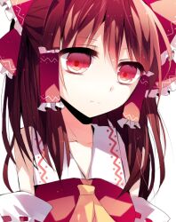 Rule 34 | 1girl, ascot, bow, brown hair, closed mouth, collarbone, detached sleeves, frilled bow, frilled hair tubes, frills, hair between eyes, hair bow, hair tubes, hakurei reimu, looking at viewer, medium hair, mii0617, red bow, red eyes, red shirt, ribbon-trimmed sleeves, ribbon trim, shirt, sleeveless, sleeveless shirt, solo, touhou, upper body, wings, yellow ascot