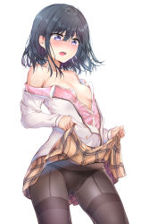 Rule 34 | 1girl, absurdres, adagaki aki, bare shoulders, black hair, black panties, black pantyhose, blazer, blue eyes, blush, bow, bow panties, breasts, center opening, clothes lift, collarbone, frown, highres, jacket, lifting own clothes, long sleeves, looking down, masamune-kun no revenge, medium breasts, medium hair, miniskirt, no bra, nose blush, off shoulder, open clothes, open jacket, open mouth, open shirt, panties, panties under pantyhose, pantyhose, plaid, plaid skirt, pleated skirt, school uniform, skirt, skirt lift, solo, sunhyun, thighband pantyhose, thighs, underwear, wet, wet clothes, white background
