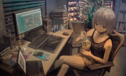 Rule 34 | 1girl, 2017, apartment, bare arms, bare shoulders, black tank top, blue eyes, bookshelf, brown legwear, building, cable, can, cellphone, chair, chopsticks, coffee mug, collarbone, commentary, computer, computer tower, crossed legs, cup, cup ramen, dated, desk, drawer, drawing tablet, drink can, eating, energy drink, eraser, figure, food, highres, holding, holding chopsticks, holding cup, keyboard (computer), laptop, monitor, mouse (computer), mug, no nose, noodles, notebook, office chair, open mouth, original, pen holder, phone, plant, potted plant, ramen, short hair, shorts, signature, sitting, smartphone, soda can, solo, speaker, steam, sticky note, stylus, swivel chair, tank top, tape, tissue box, tokunaga akimasa, white hair, window, window blinds