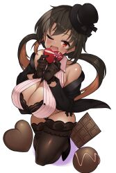 Rule 34 | 1girl, absurdres, bare shoulders, blush, box, breasts, brown hair, brown thighhighs, buta-don, candy, chocolate, chocolate heart, cleavage, dated commentary, fang, food, heart, heart-shaped box, highres, large breasts, long hair, looking at viewer, one eye closed, open mouth, original, red eyes, simple background, smile, solo, thighhighs, twintails, valentine, white background